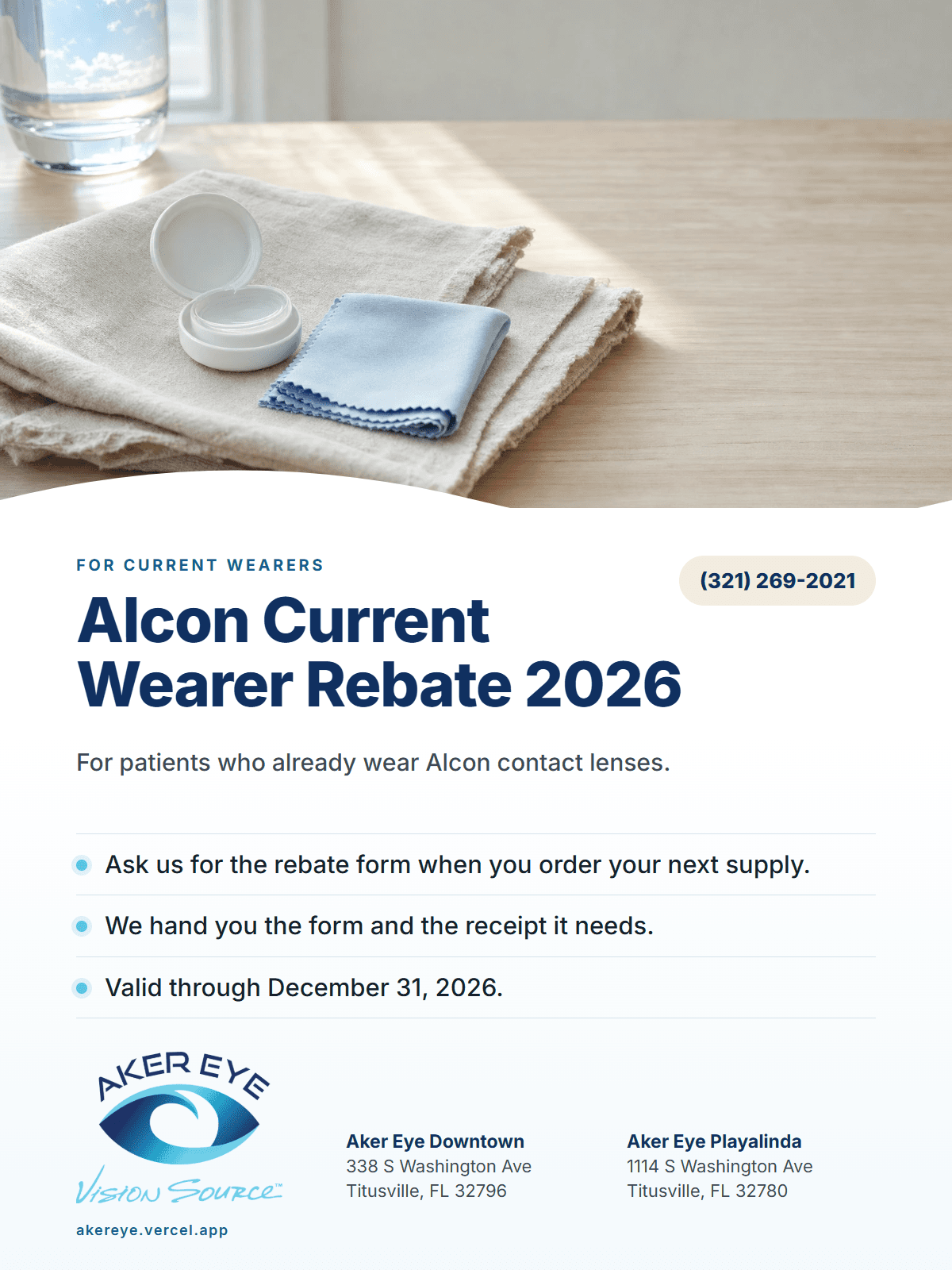Aker Eye flyer for the Alcon Current Wearer Rebate 2026, valid through December 31, 2026, with a contact lens case on linen at the top