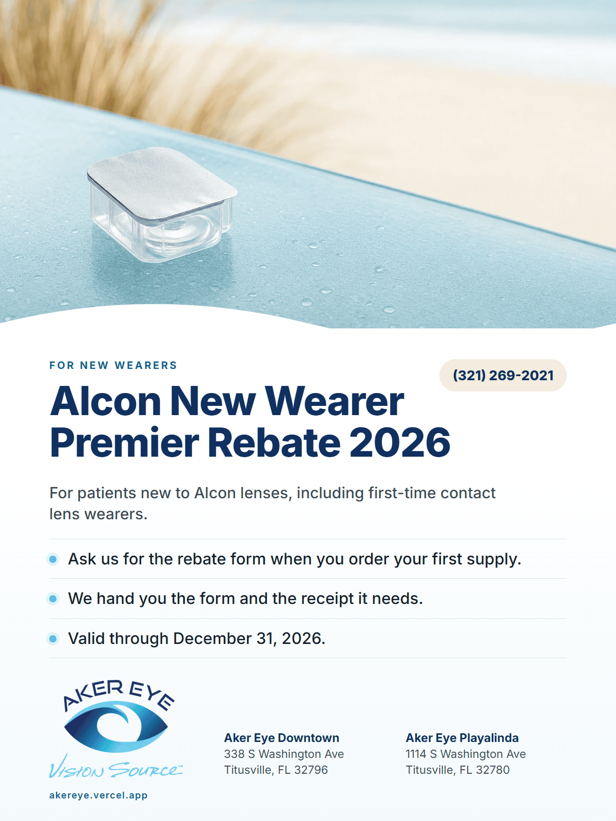 Aker Eye flyer for the Alcon New Wearer Premier Rebate 2026, valid through December 31, 2026, with a contact lens blister pack on blue glass at the top