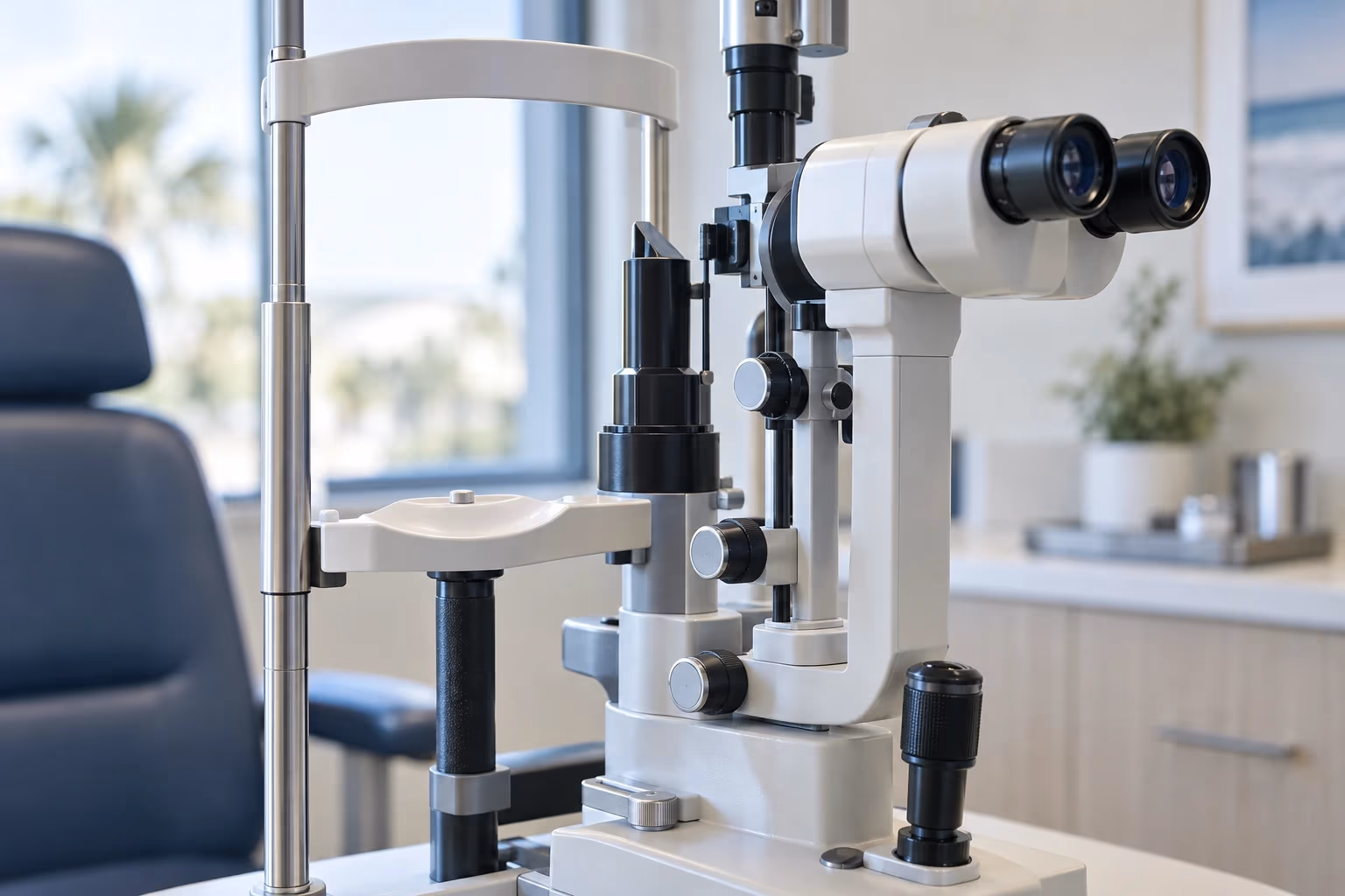 Close-up of a slit lamp chin rest and binocular eyepiece in a quiet Titusville exam room, used to check the tear film and eyelid glands