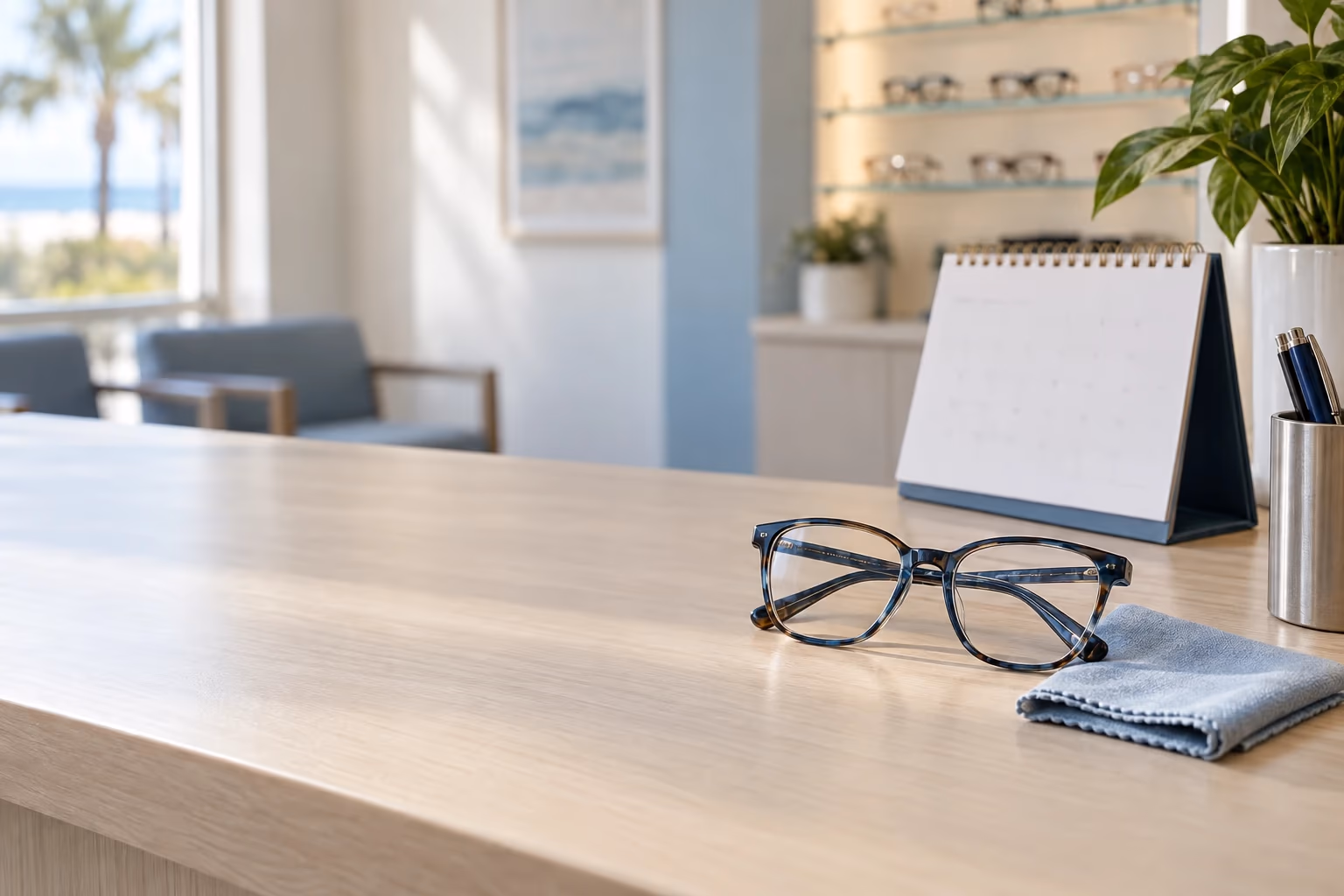 An open desk calendar and a pair of eyeglasses resting on a sunlit front-desk counter in a calm Titusville optometry office