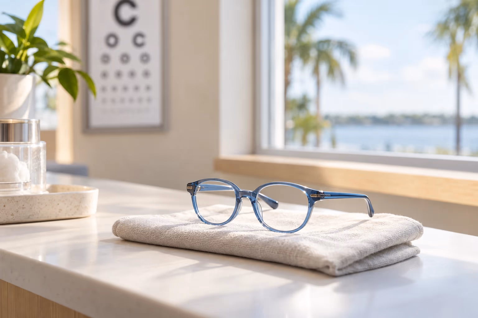 Child-sized eyeglasses resting on linen near a bright window in a quiet Titusville exam area