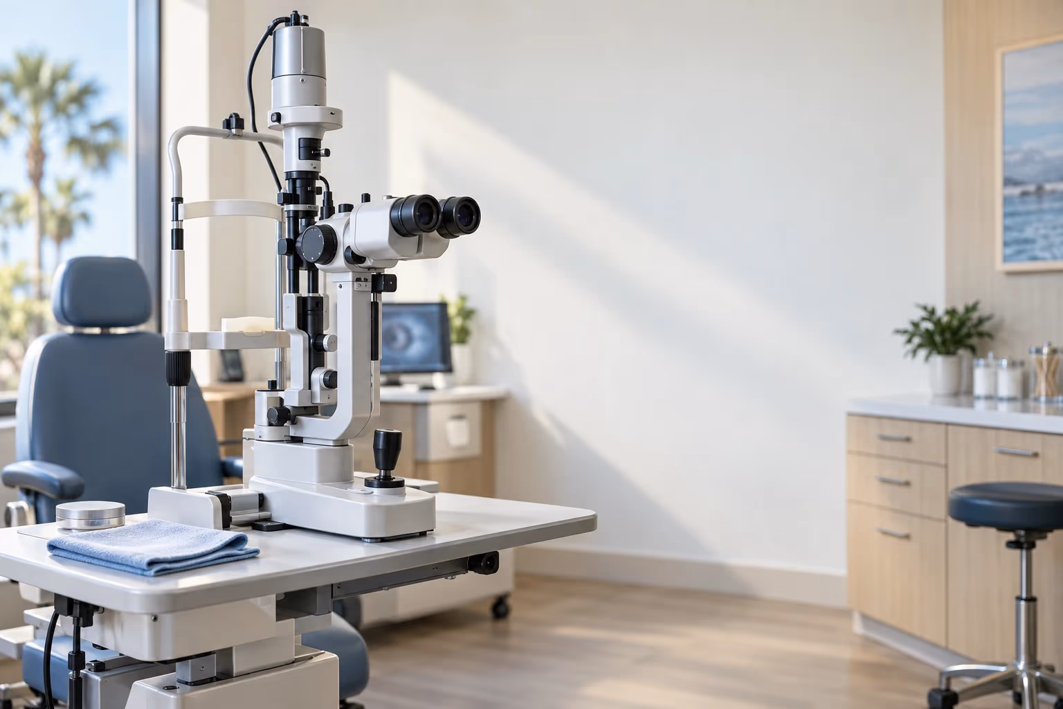 An empty slit lamp in a calm Titusville exam room in soft morning window light, ready for a red eye visit