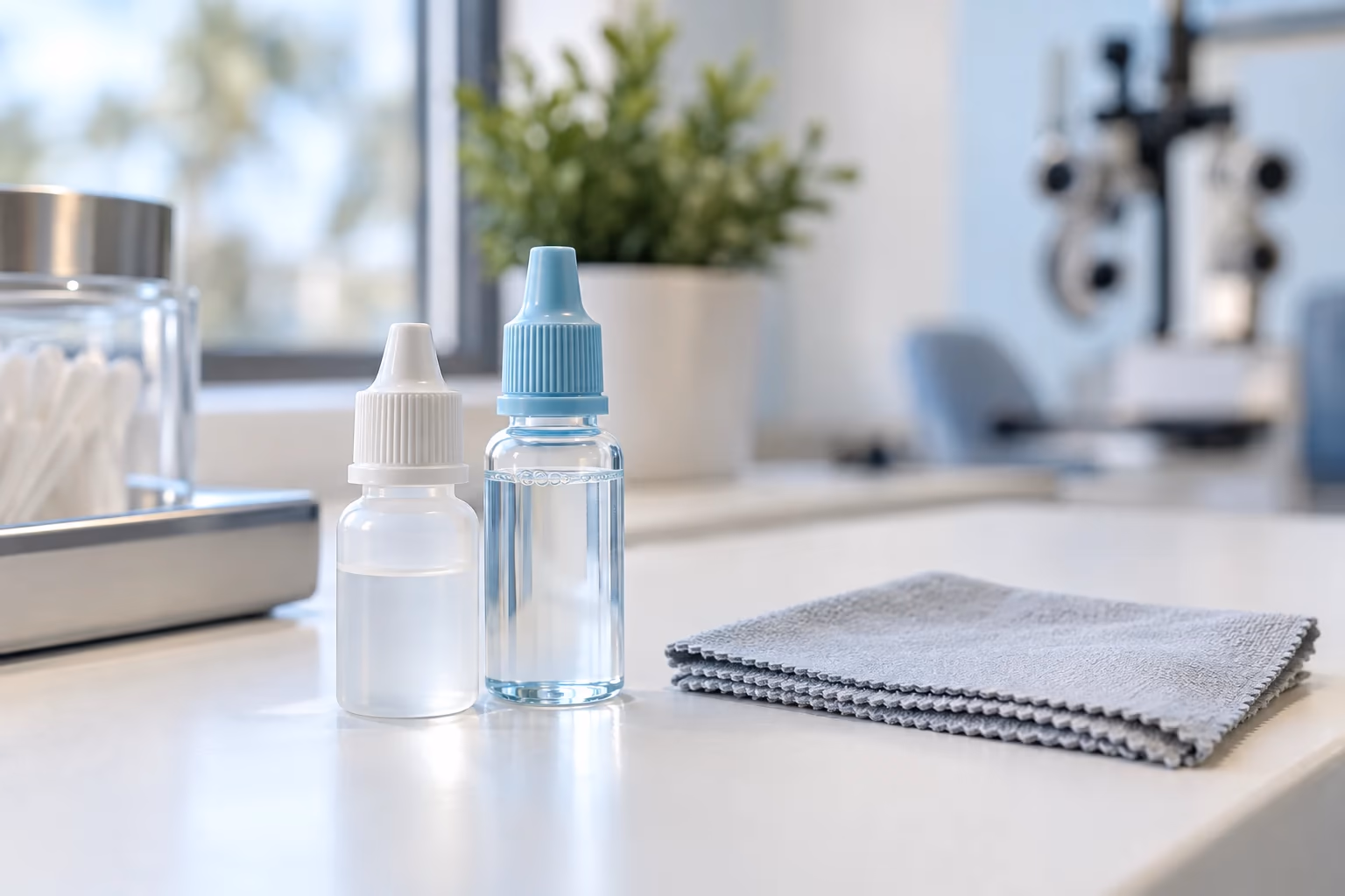 Two small unbranded eye drop bottles on a clean clinic counter with a soft cloth in Titusville morning light