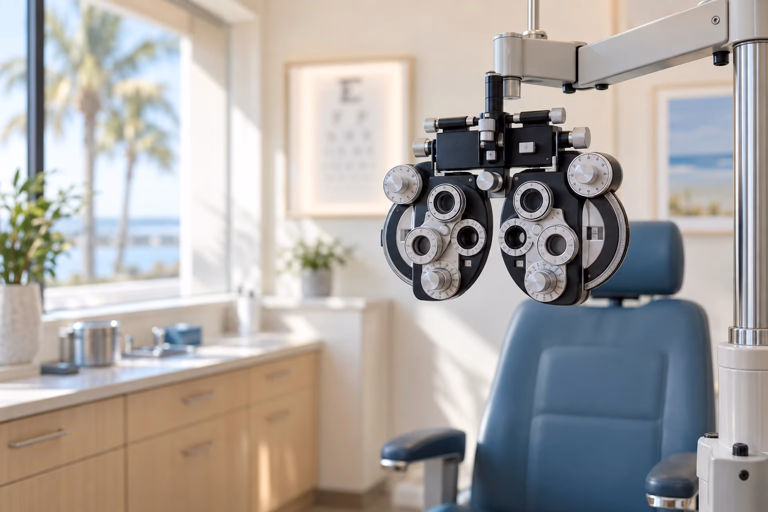 A quiet Titusville exam room with a phoropter ready in soft morning light