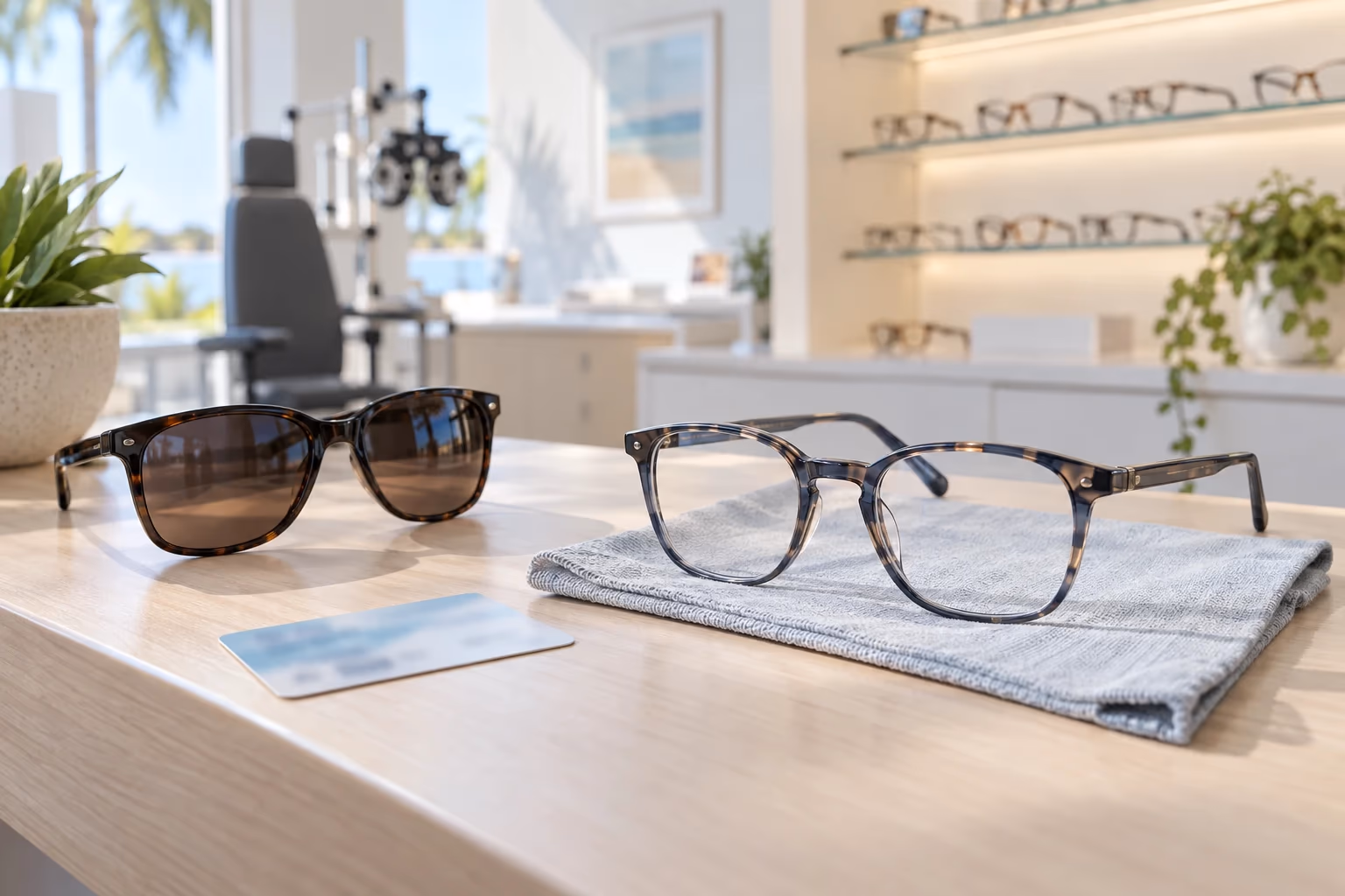 A front-desk still life with a blank insurance card, sunglasses, and a pair of frames ready for a Medicare eye exam visit in Titusville