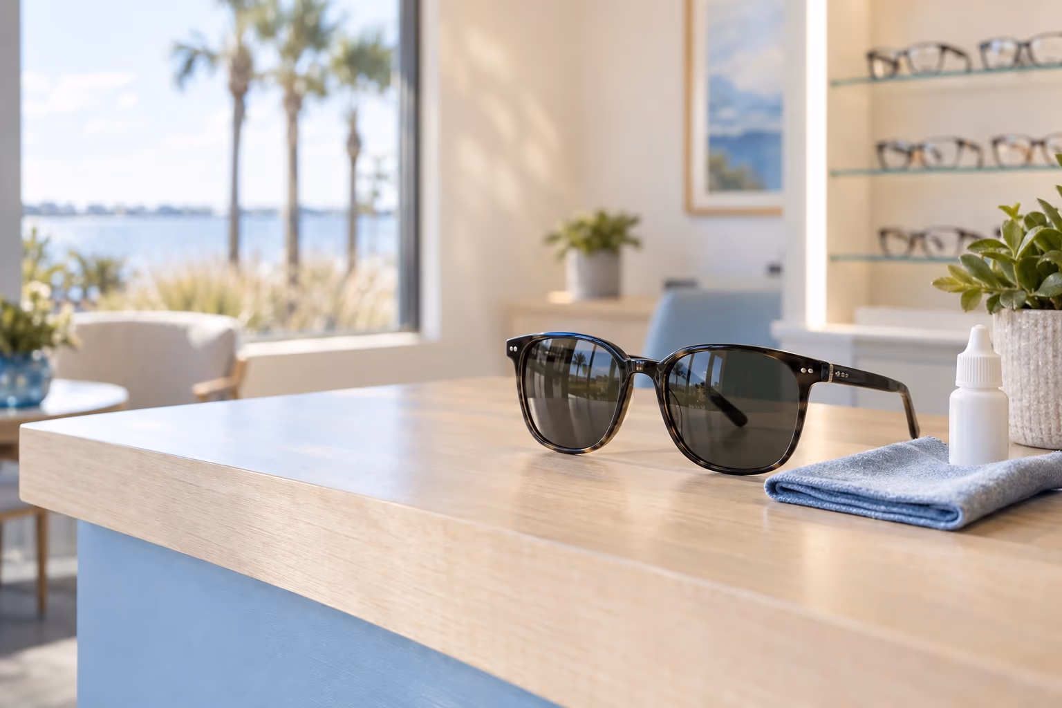 Dark sunglasses and a small unbranded drop bottle resting on a pale wood counter in soft window light at a Titusville eye clinic
