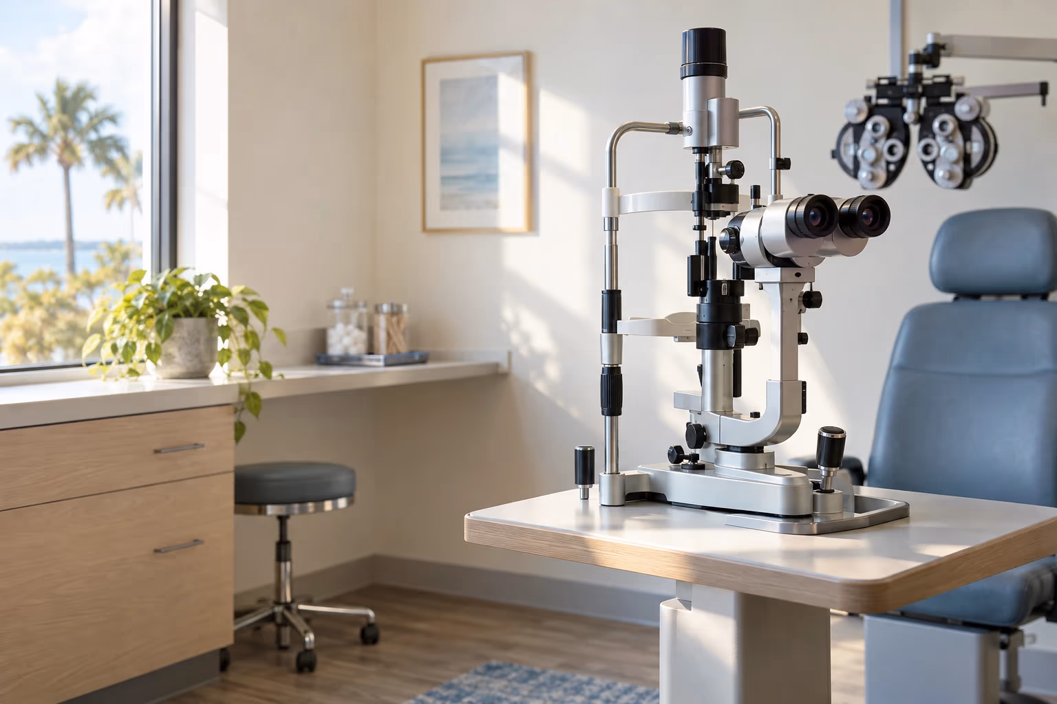 An empty exam room with a slit lamp ready under soft morning window light in a Titusville optometry office