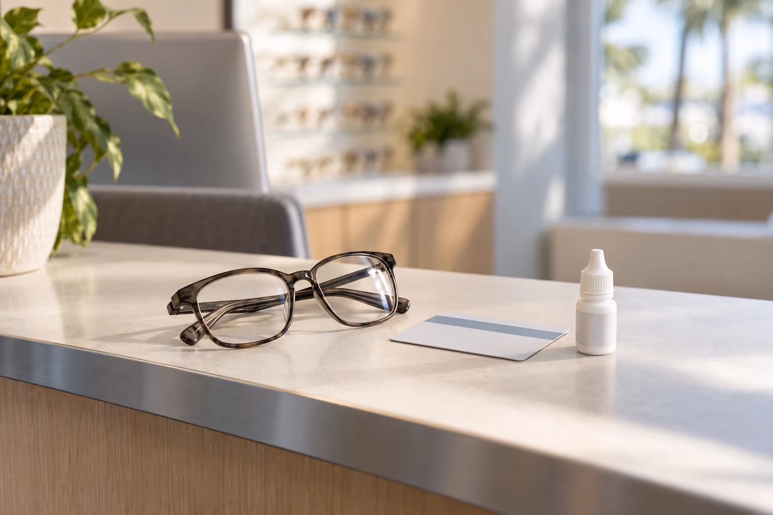 Folded glasses beside an insurance card and a small unlabeled drop bottle on a front-desk counter at a Titusville eye clinic