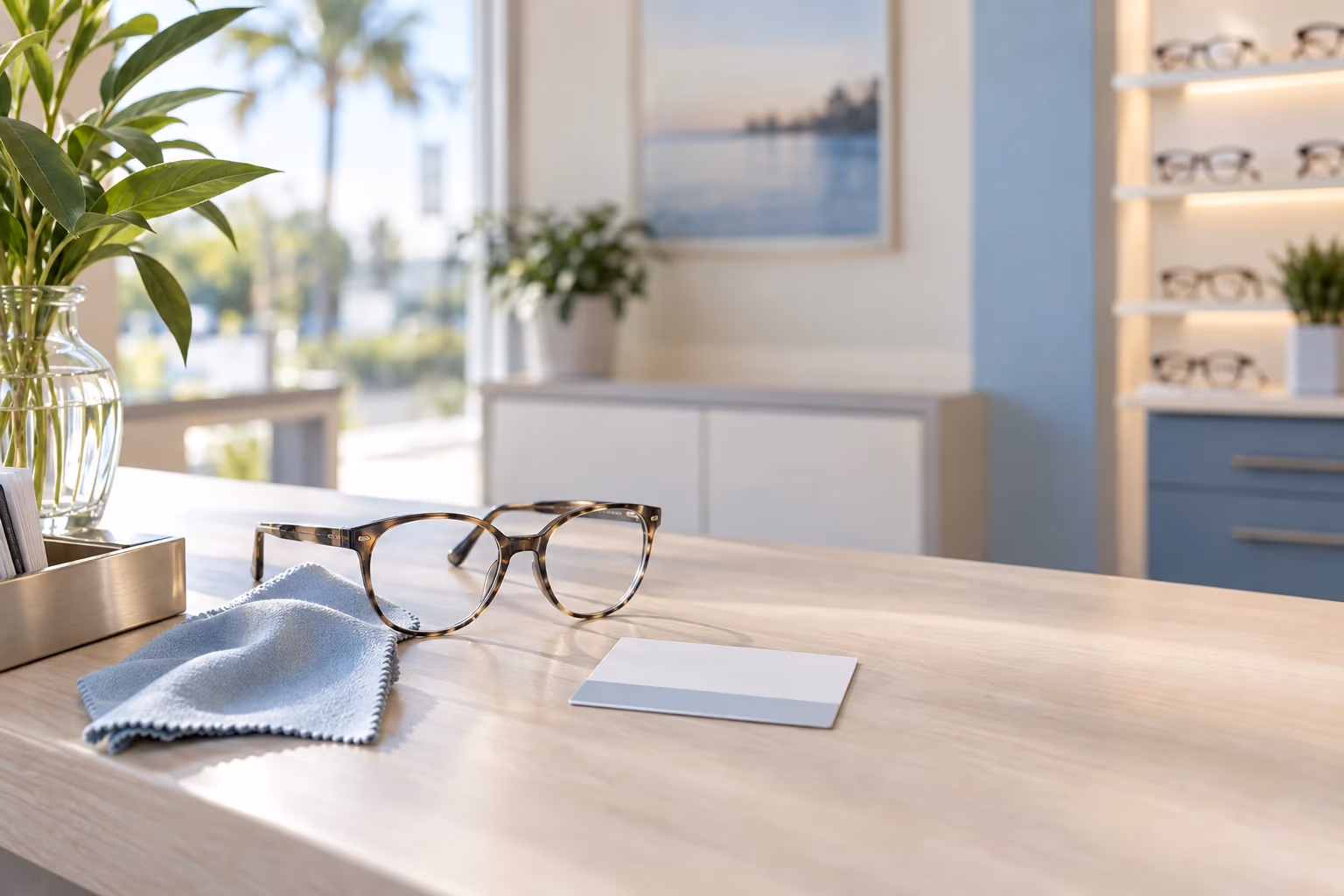 A vision benefits card resting beside a pair of eyeglasses on a quiet front desk at a Titusville optometry office, with soft morning light and open space to one side.