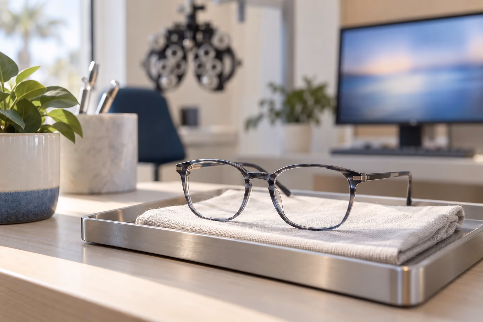 A pair of spectacle frames resting on a soft cloth near a softly glowing office screen in a Titusville optical.