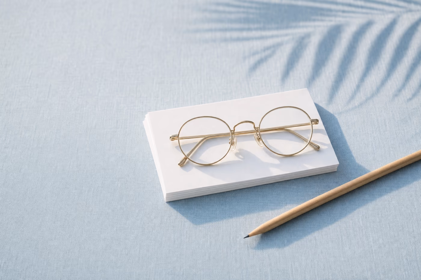 A small stack of blank index cards, a pencil, and a pair of wire-rim glasses on pale blue linen in soft window light