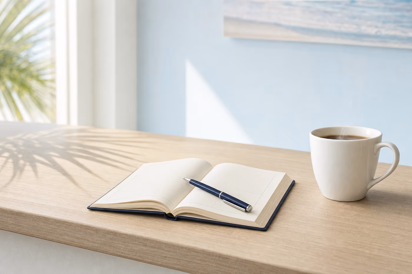 An open appointment book with blank pages, a pen, and a white coffee cup on a pale oak counter in soft morning light