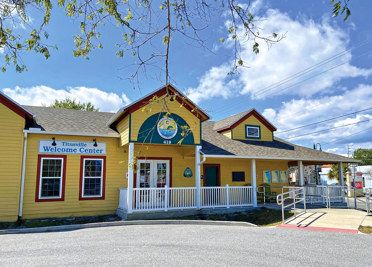 The Titusville welcome center, whose lot is a short walk from Aker Eye Downtown